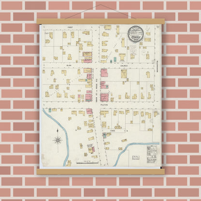 Old map wall art mockup — magnetic wood frame on brick wall — Sanborn Fire Insurance Map from Armada, Macomb County, Michigan (1900), Sheet #0001