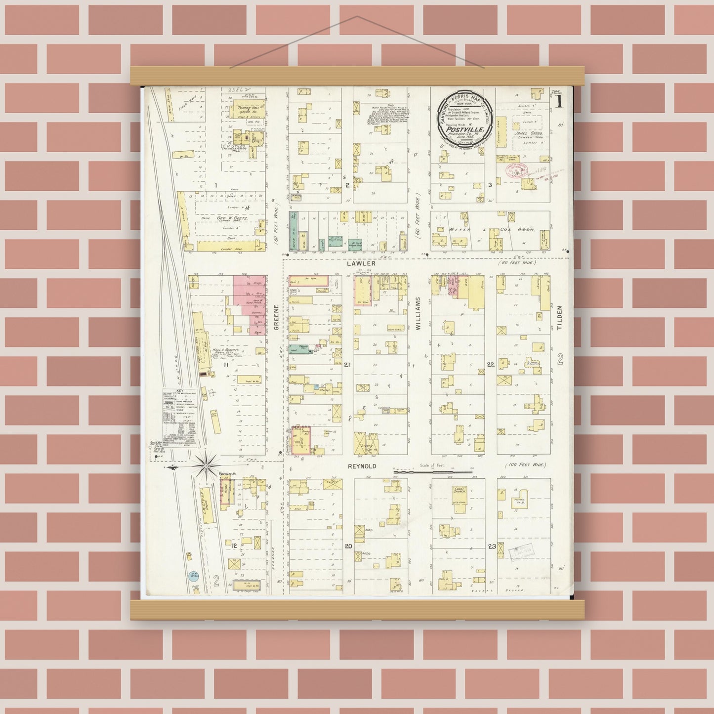 Old map wall art mockup — magnetic wood frame on brick wall — Sanborn Fire Insurance Map from Postville, Allamakee County, Iowa (1895), Sheet #0001