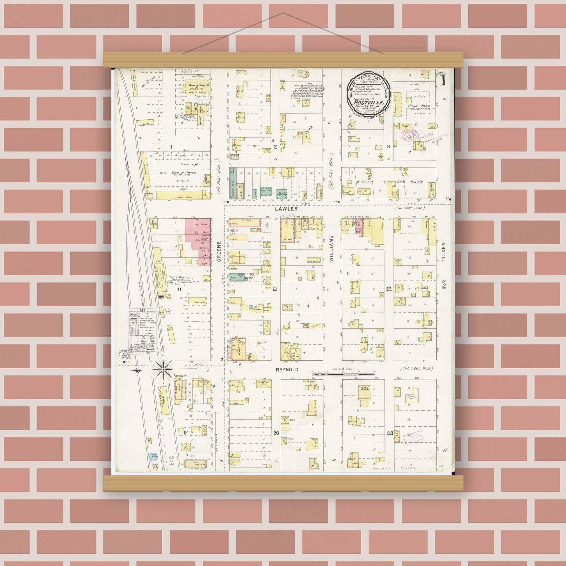 Old map wall art mockup — magnetic wood frame on brick wall — Sanborn Fire Insurance Map from Postville, Allamakee County, Iowa (1895), Sheet #0001