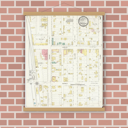Old map wall art mockup — magnetic wood frame on brick wall — Sanborn Fire Insurance Map from Postville, Allamakee County, Iowa (1895), Sheet #0001