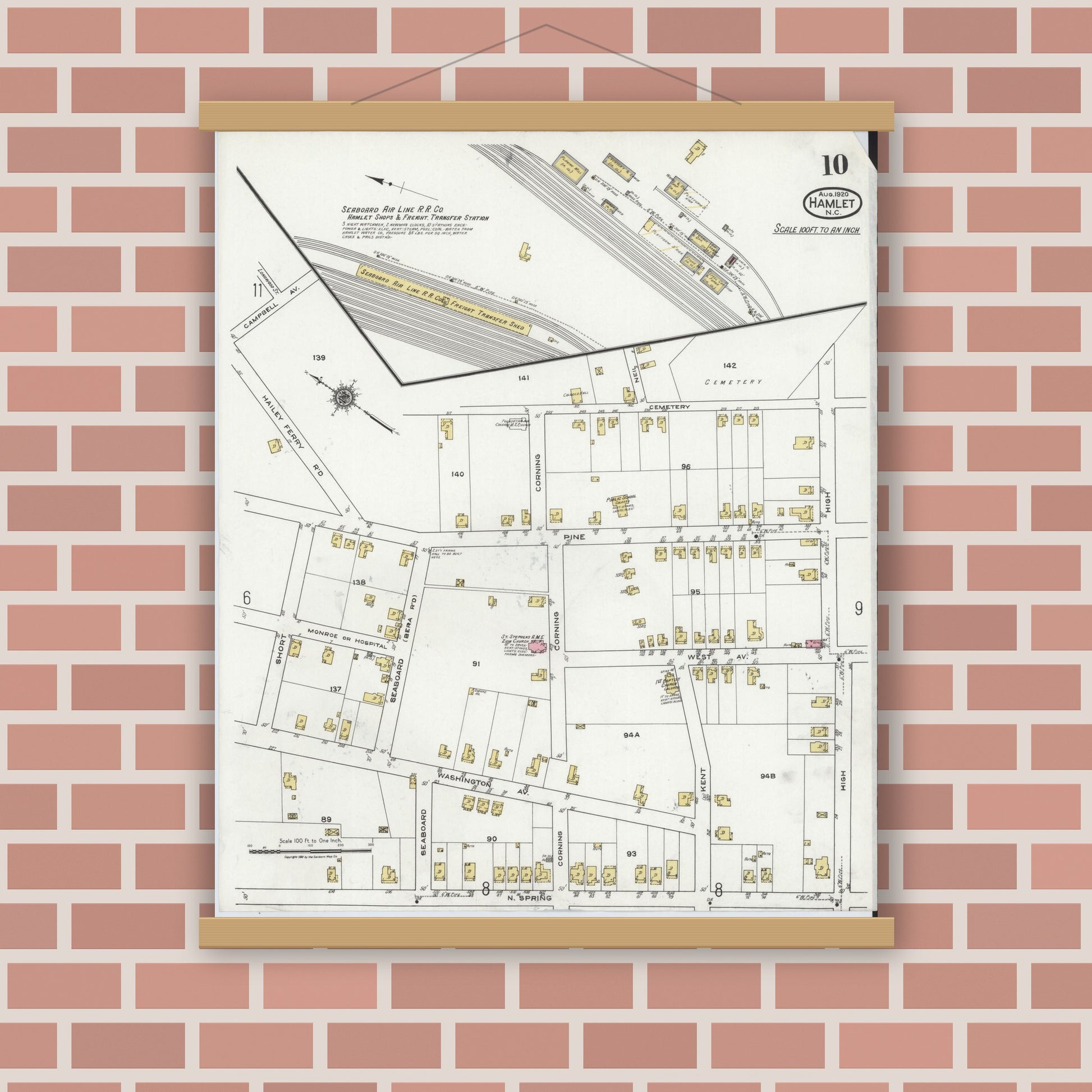 Old map wall art mockup — magnetic wood frame on brick wall — Sanborn Fire Insurance Map from Hamlet, Richmond County, North Carolina (1920), Sheet #0010
