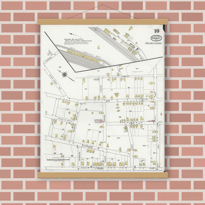 Old map wall art mockup — magnetic wood frame on brick wall — Sanborn Fire Insurance Map from Hamlet, Richmond County, North Carolina (1920), Sheet #0010