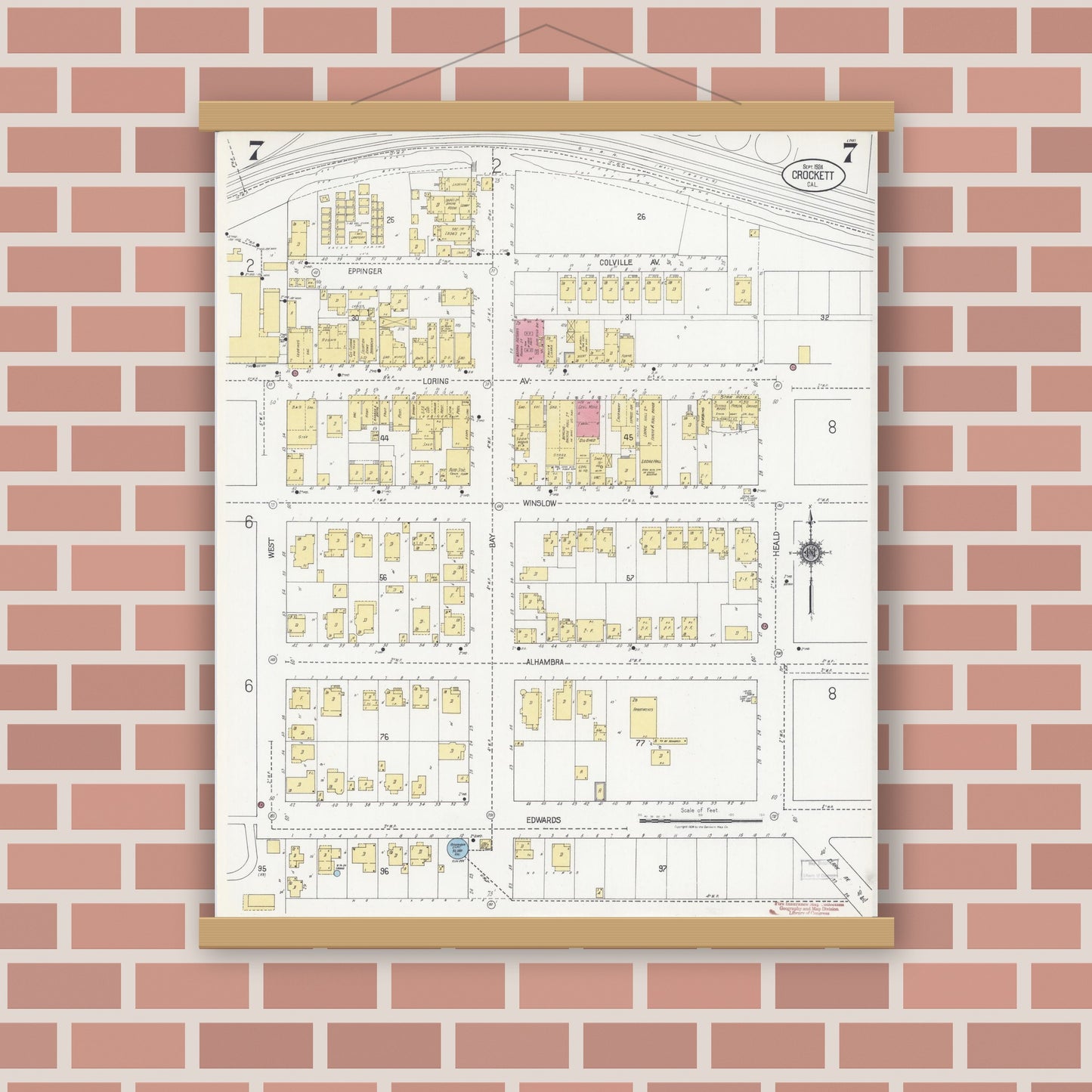 Old map wall art mockup — magnetic wood frame on brick wall — Sanborn Fire Insurance Map from Crockett, Contra Costa County, California (1924), Sheet #0007