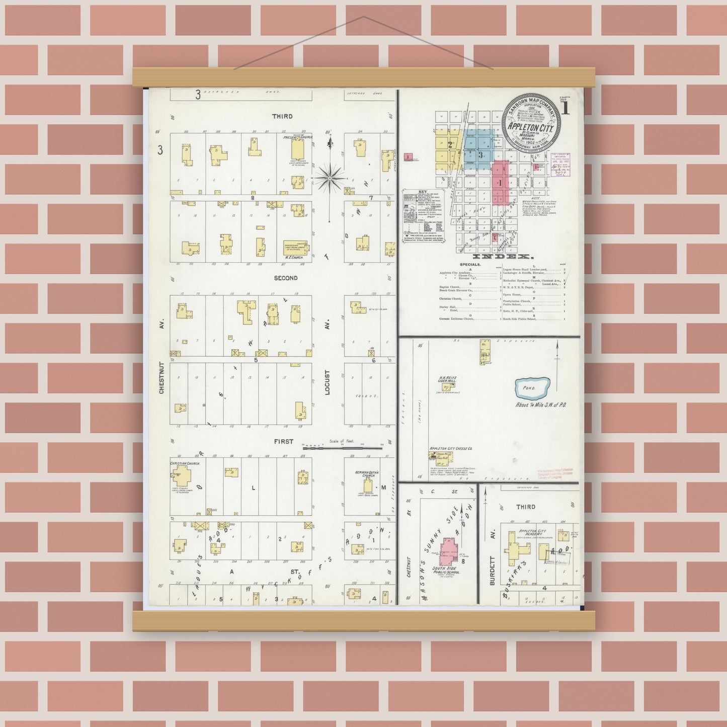 Old map wall art mockup — magnetic wood frame on brick wall — Sanborn Fire Insurance Map from Appleton City, Saint Clair County, Missouri (1902) - Complete Map Set