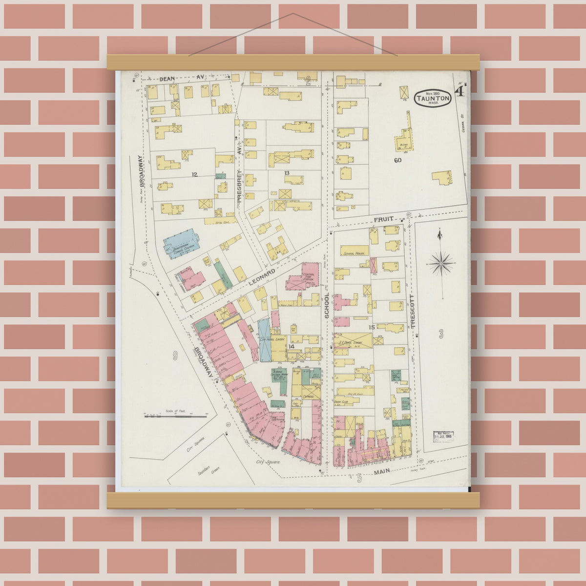 Old map wall art mockup — magnetic wood frame on brick wall — Sanborn Fire Insurance Map from Taunton, Bristol County, Massachusetts (1893), Sheet #0004