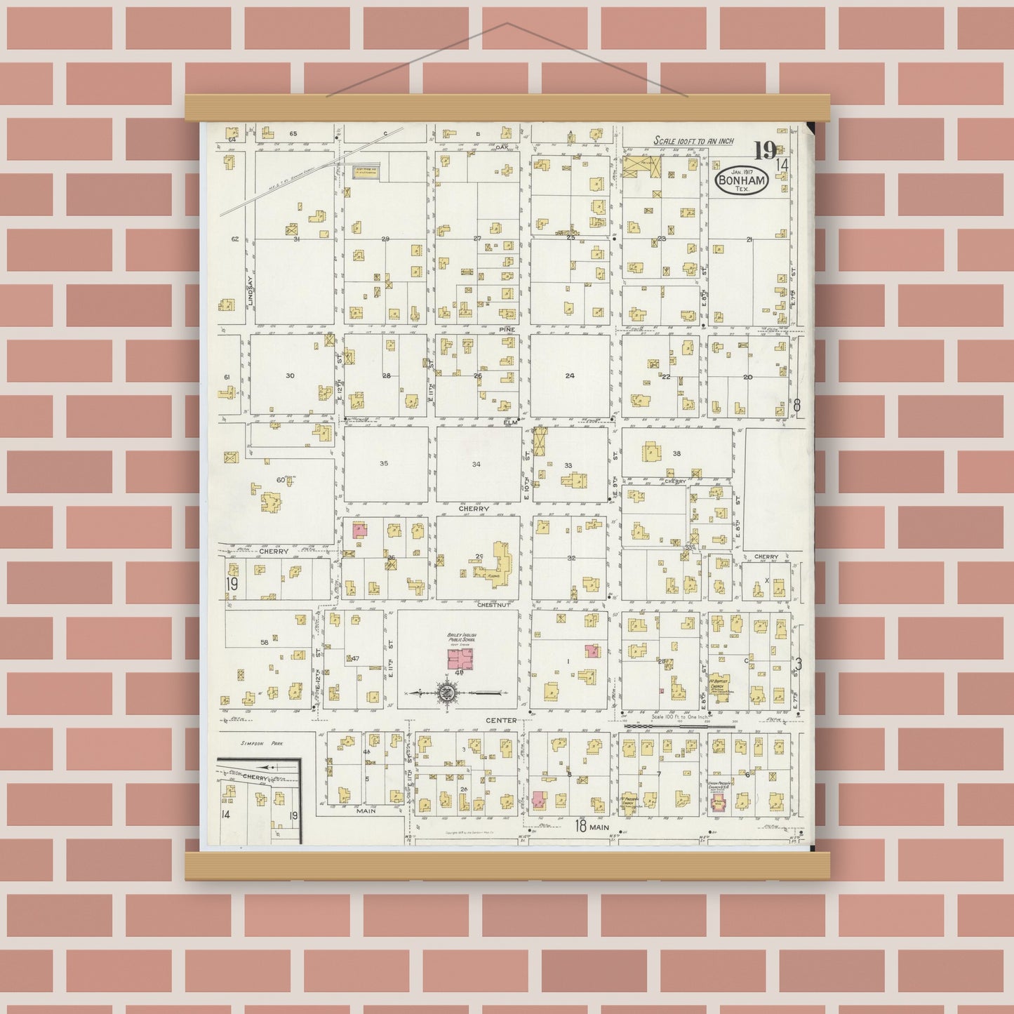 Old map wall art mockup — magnetic wood frame on brick wall — Sanborn Fire Insurance Map from Bonham, Fannin County, Texas (1917), Sheet #0019