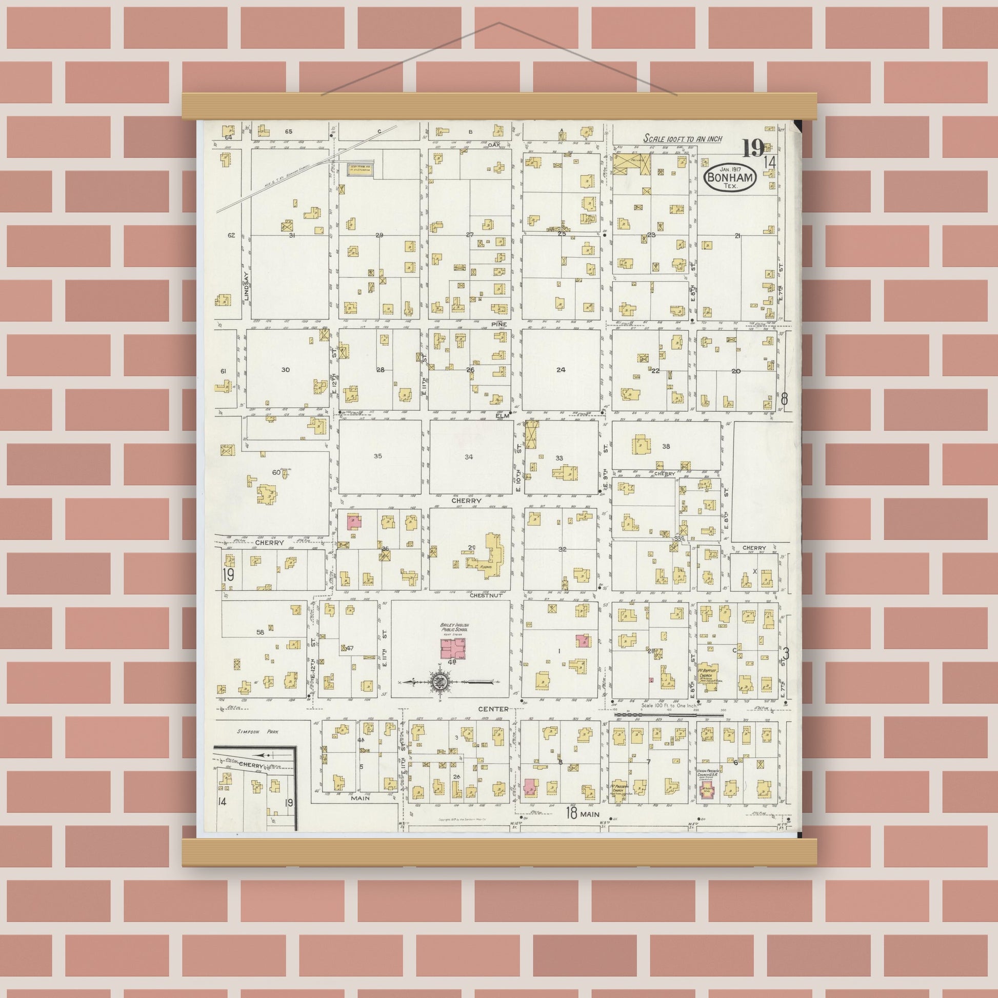 Old map wall art mockup — magnetic wood frame on brick wall — Sanborn Fire Insurance Map from Bonham, Fannin County, Texas (1917), Sheet #0019