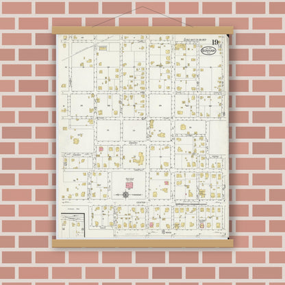 Old map wall art mockup — magnetic wood frame on brick wall — Sanborn Fire Insurance Map from Bonham, Fannin County, Texas (1917), Sheet #0019
