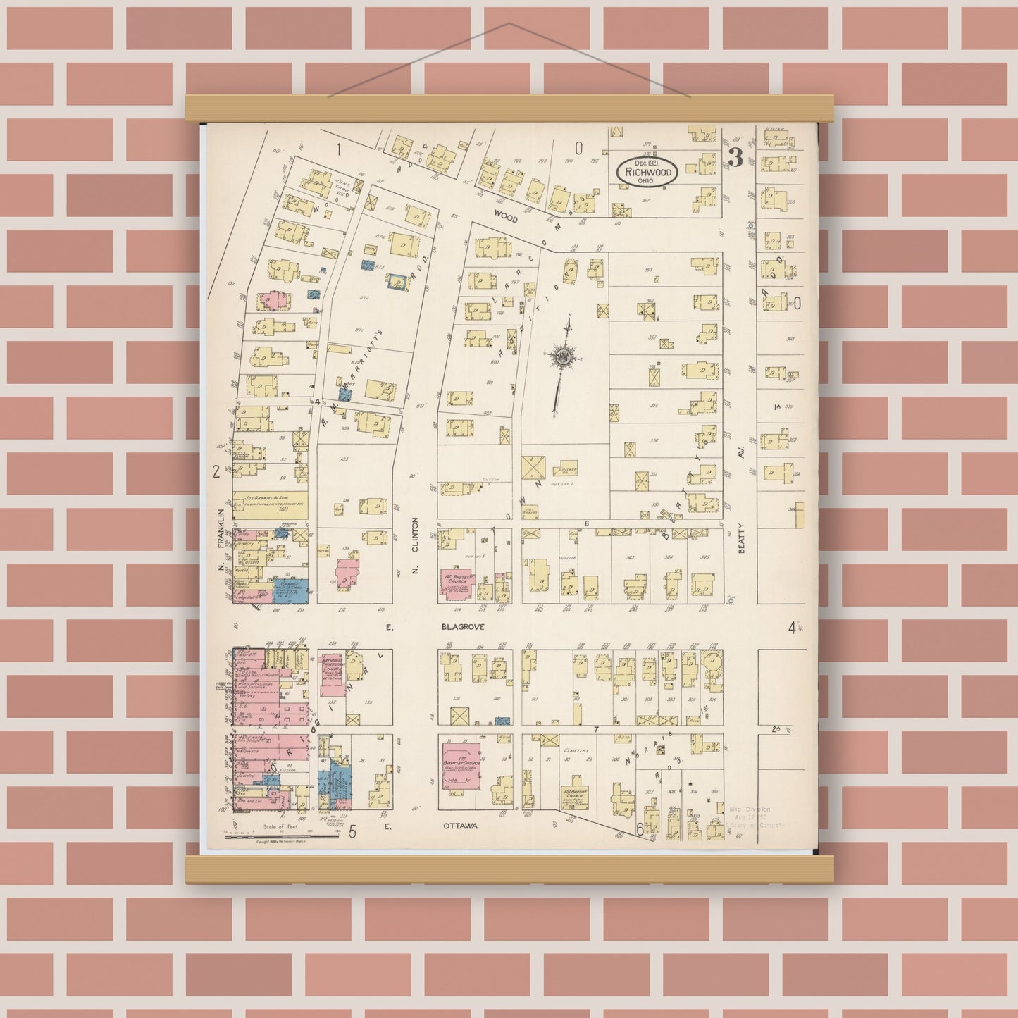 Old map wall art mockup — magnetic wood frame on brick wall — Sanborn Fire Insurance Map from Richwood, Union County, Ohio (1921), Sheet #0003