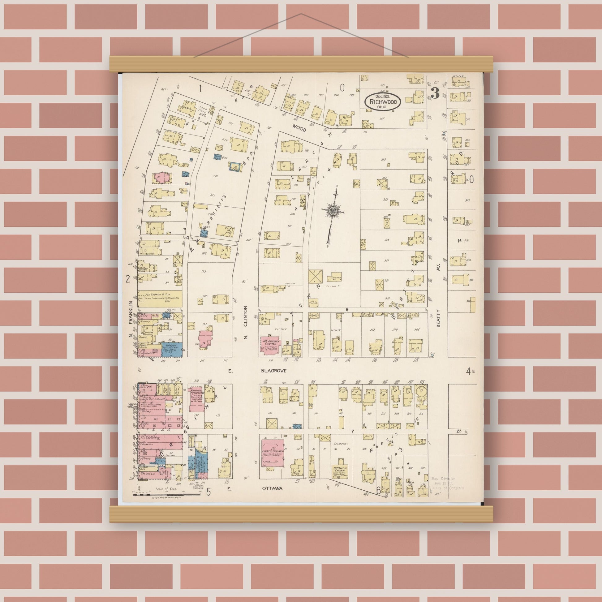 Old map wall art mockup — magnetic wood frame on brick wall — Sanborn Fire Insurance Map from Richwood, Union County, Ohio (1921), Sheet #0003
