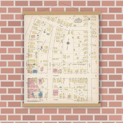 Old map wall art mockup — magnetic wood frame on brick wall — Sanborn Fire Insurance Map from Richwood, Union County, Ohio (1921), Sheet #0003