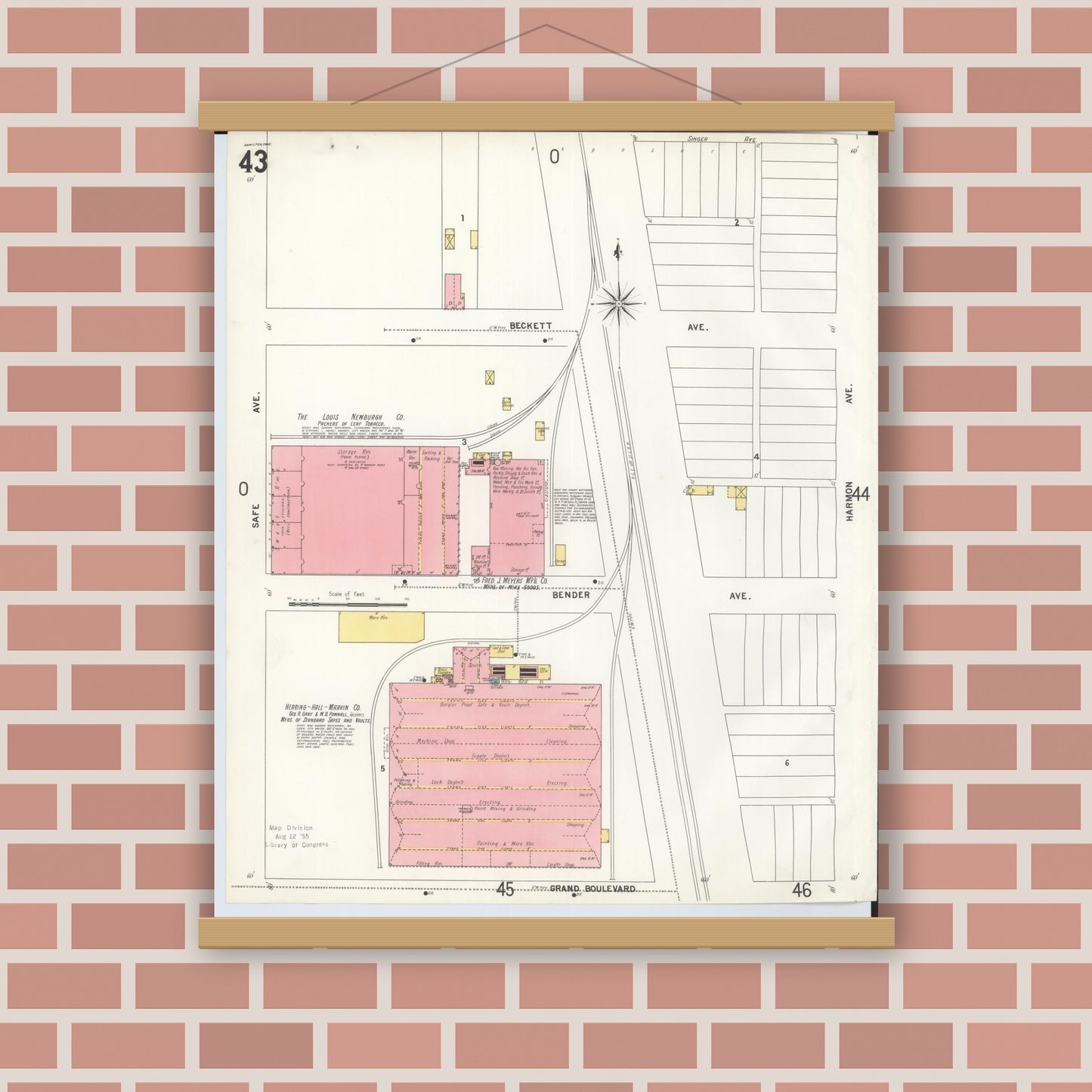 Old map wall art mockup — magnetic wood frame on brick wall — Sanborn Fire Insurance Map from Hamilton, Butler County, Ohio (1899), Sheet #0043
