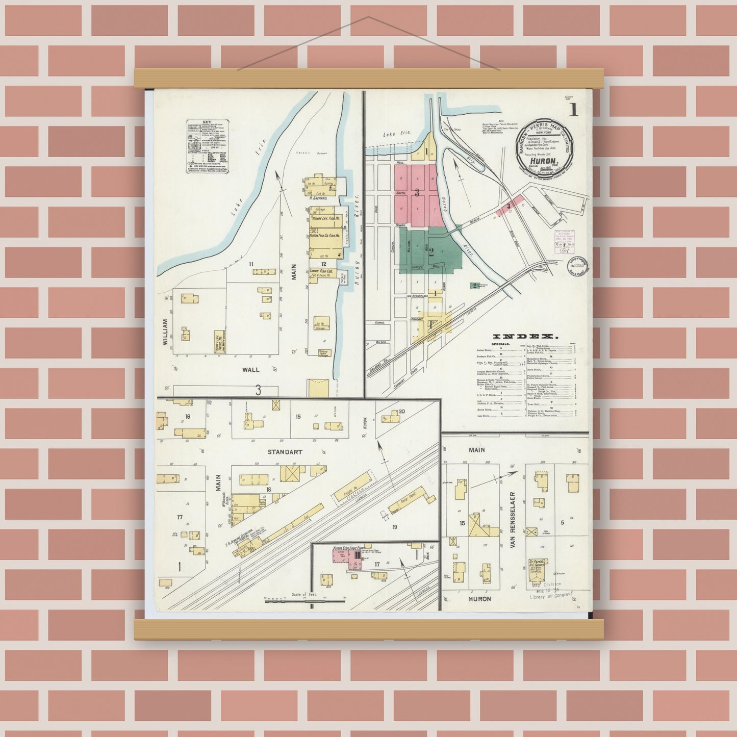 Old map wall art mockup — magnetic wood frame on brick wall — Sanborn Fire Insurance Map from Huron, Erie County, Ohio (1901), Sheet #0001