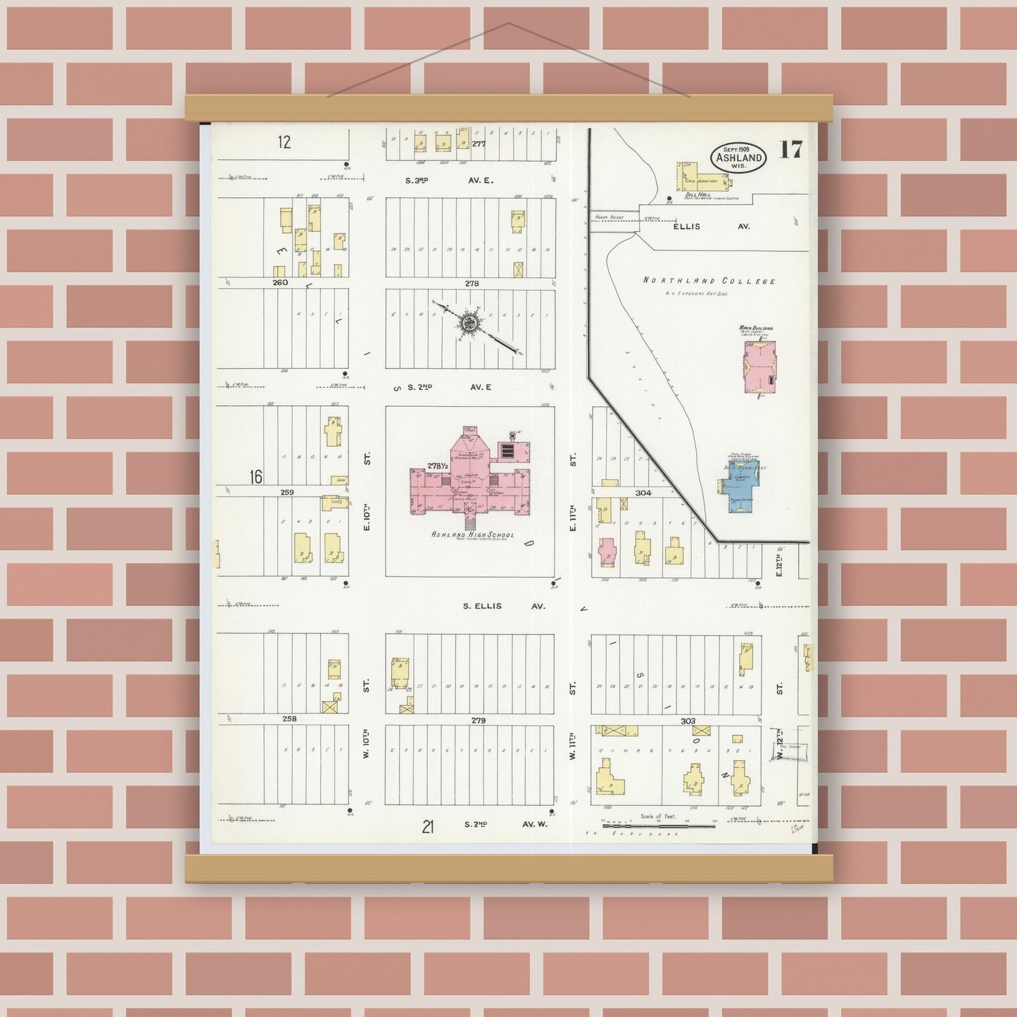 Old map wall art mockup — magnetic wood frame on brick wall — Sanborn Fire Insurance Map from Ashland, Ashland County, Wisconsin (1909), Sheet #0017
