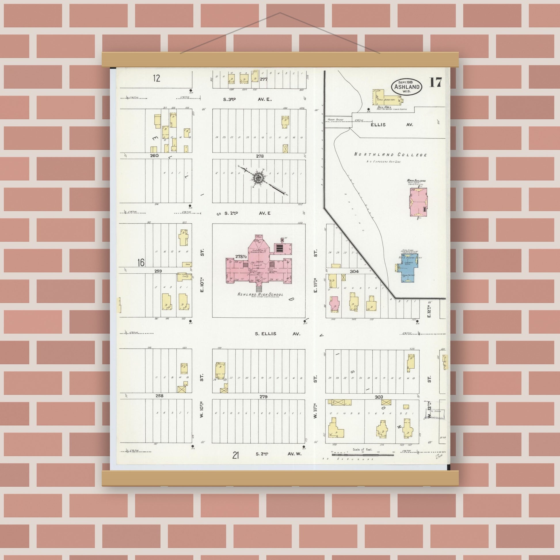 Old map wall art mockup — magnetic wood frame on brick wall — Sanborn Fire Insurance Map from Ashland, Ashland County, Wisconsin (1909), Sheet #0017