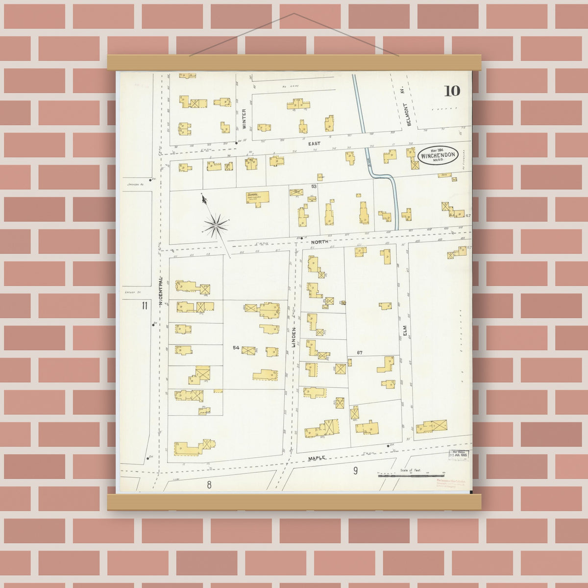 Old map wall art mockup — magnetic wood frame on brick wall — Sanborn Fire Insurance Map from Winchendon, Worcester County, Massachusetts (1904), Sheet #0010