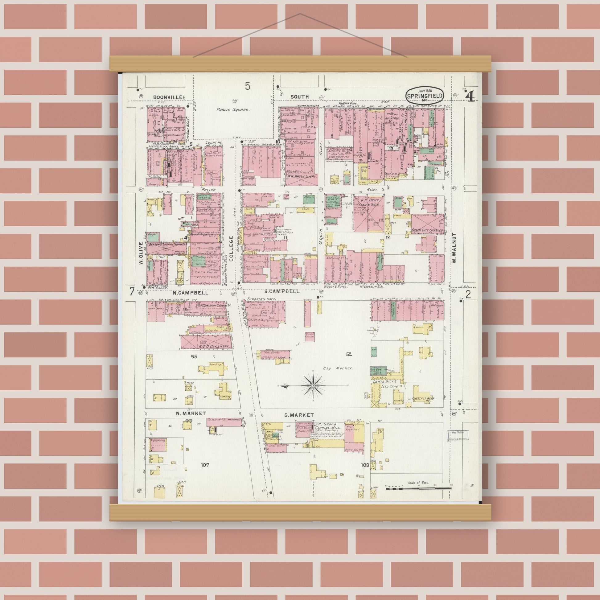 Old map wall art mockup — magnetic wood frame on brick wall — Sanborn Fire Insurance Map from Springfield, Greene County, Missouri (1896), Sheet #0004