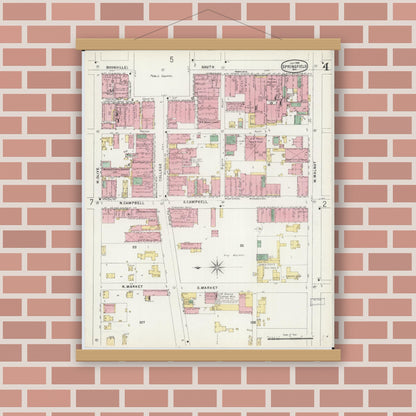 Old map wall art mockup — magnetic wood frame on brick wall — Sanborn Fire Insurance Map from Springfield, Greene County, Missouri (1896), Sheet #0004
