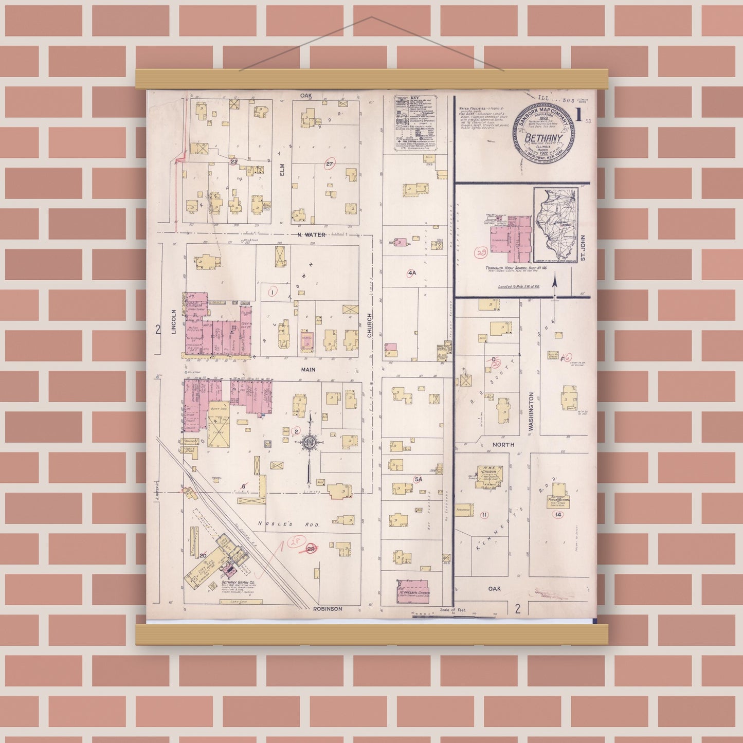 Old map wall art mockup — magnetic wood frame on brick wall — Sanborn Fire Insurance Map from Bethany, Moultrie County, Illinois (1922) - Complete Map Set