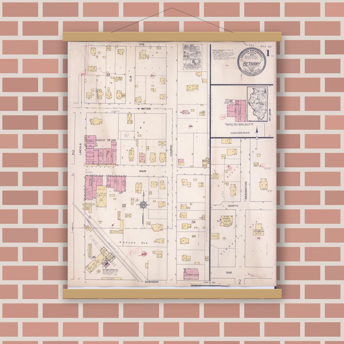 Old map wall art mockup — magnetic wood frame on brick wall — Sanborn Fire Insurance Map from Bethany, Moultrie County, Illinois (1922) - Complete Map Set