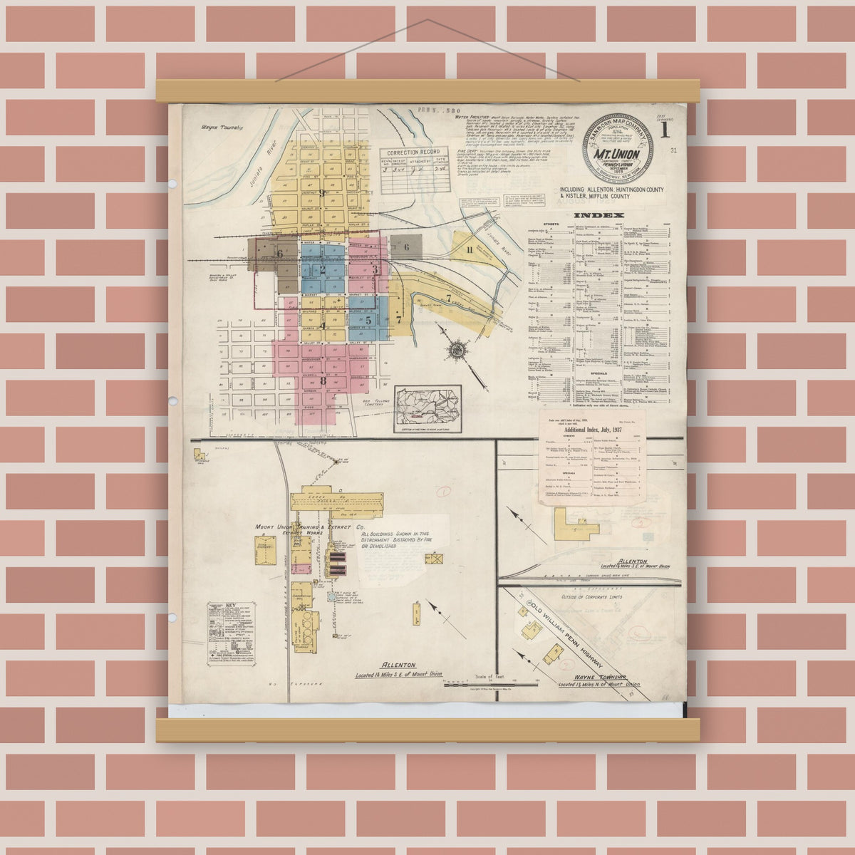 Old map wall art mockup — magnetic wood frame on brick wall — Sanborn Fire Insurance Map from Mount Union, Huntingdon County, Pennsylvania (1944), Sheet #0001