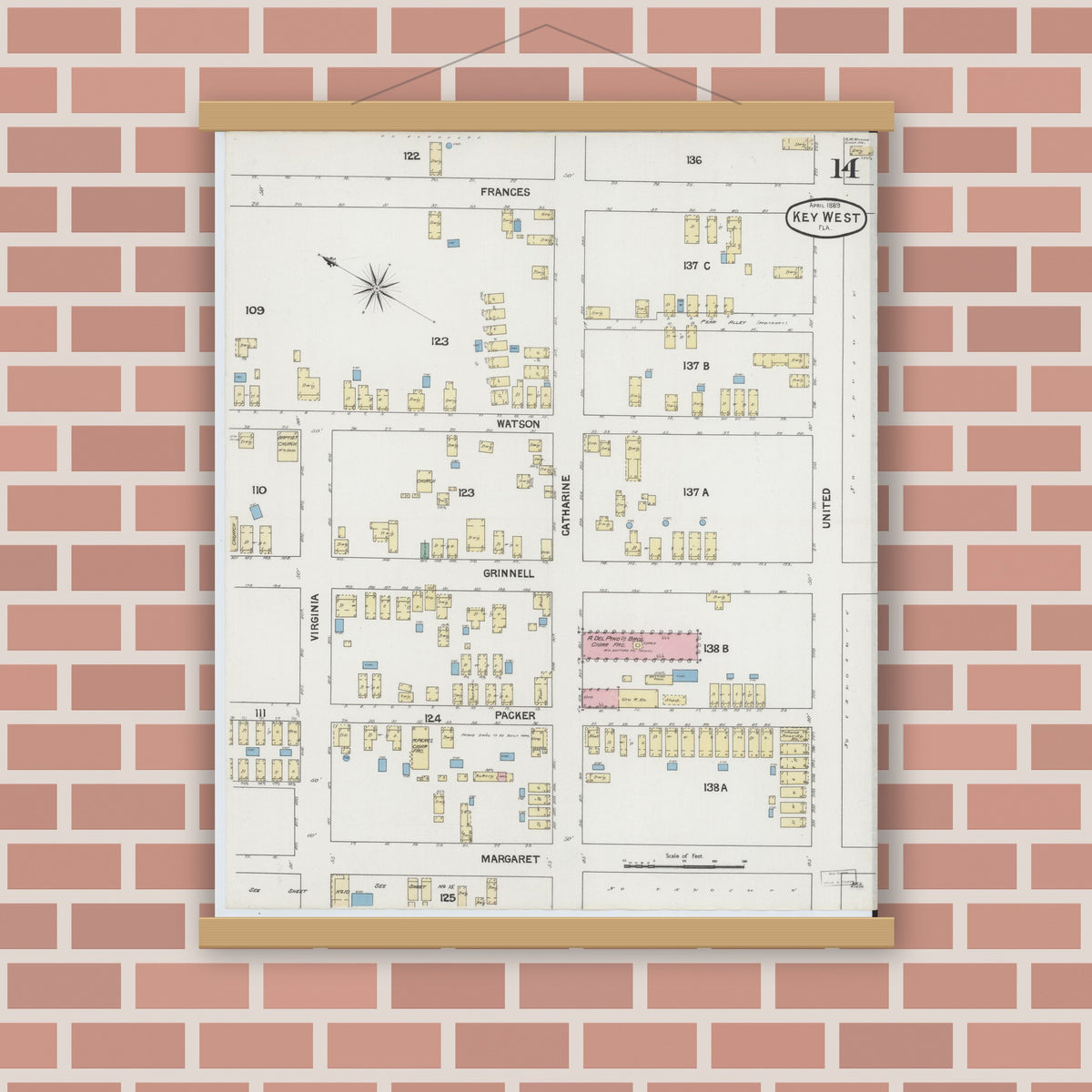 Old map wall art mockup — magnetic wood frame on brick wall — Sanborn Fire Insurance Map from Key West, Monroe County, Florida (1889), Sheet #0014