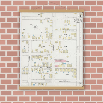 Old map wall art mockup — magnetic wood frame on brick wall — Sanborn Fire Insurance Map from Key West, Monroe County, Florida (1889), Sheet #0014