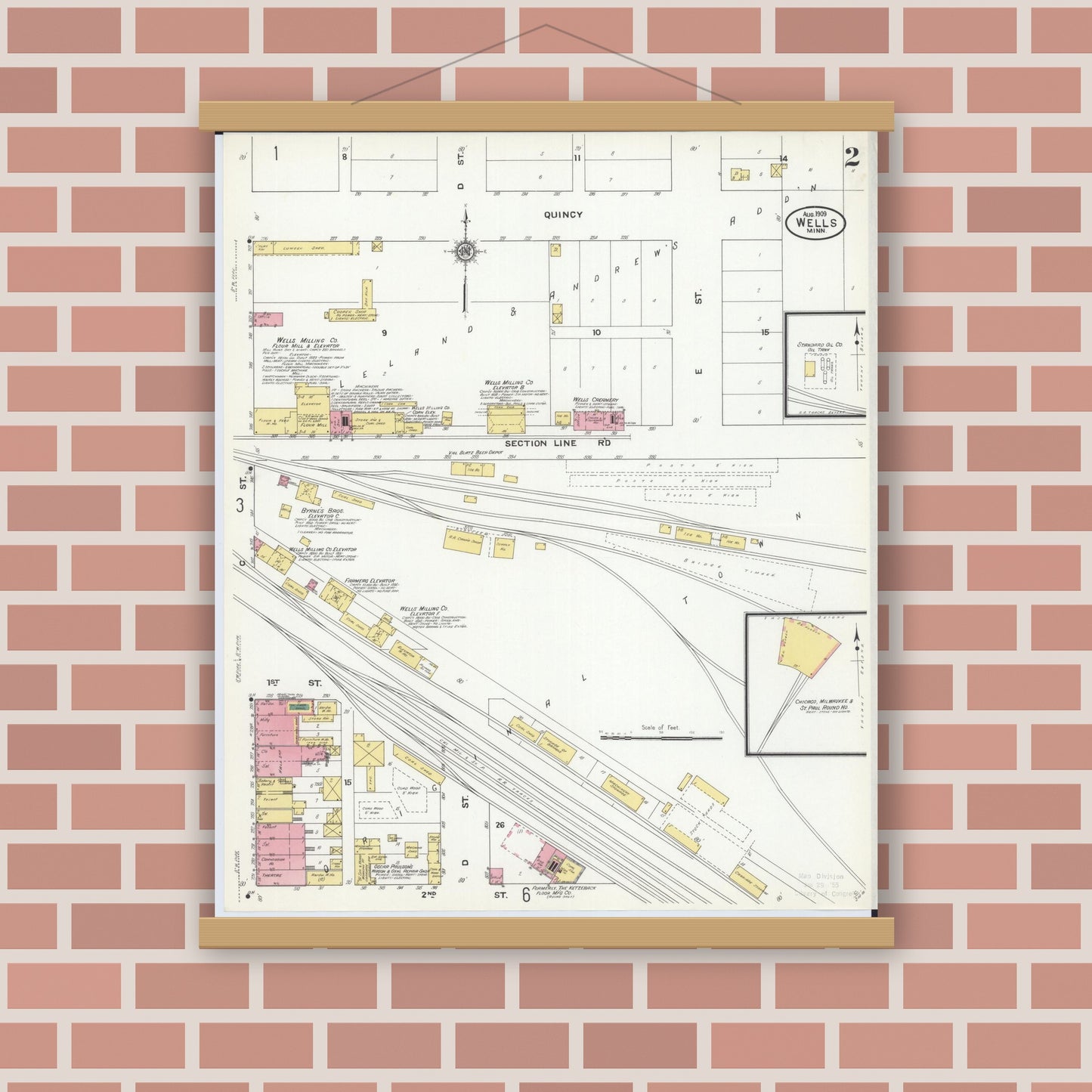 Old map wall art mockup — magnetic wood frame on brick wall — Sanborn Fire Insurance Map from Wells, Faribault County, Minnesota (1909), Sheet #0002