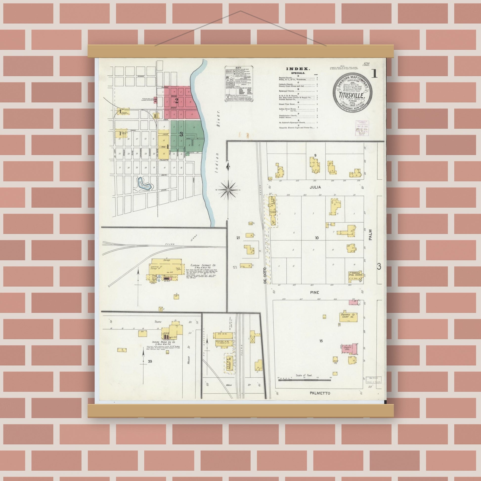 Old map wall art mockup — magnetic wood frame on brick wall — Sanborn Fire Insurance Map from Titusville, Brevard County, Florida (1903) - Complete Map Set