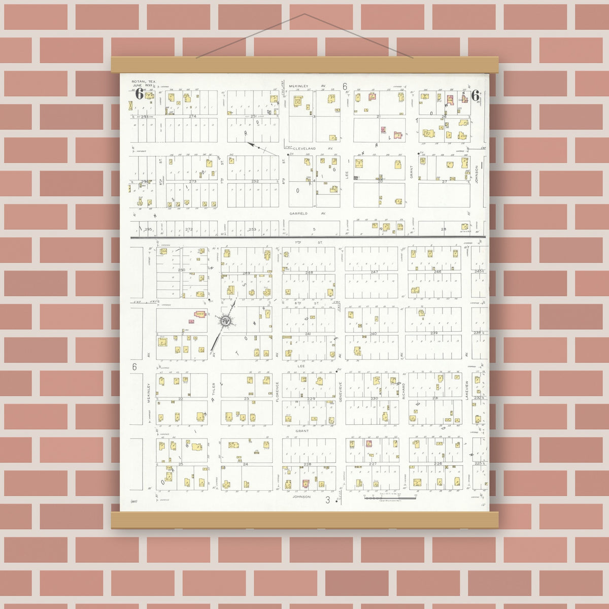 Old map wall art mockup — magnetic wood frame on brick wall — Sanborn Fire Insurance Map from Rotan, Fisher County, Texas (1933), Sheet #0006