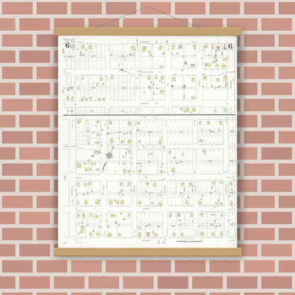 Old map wall art mockup — magnetic wood frame on brick wall — Sanborn Fire Insurance Map from Rotan, Fisher County, Texas (1933), Sheet #0006