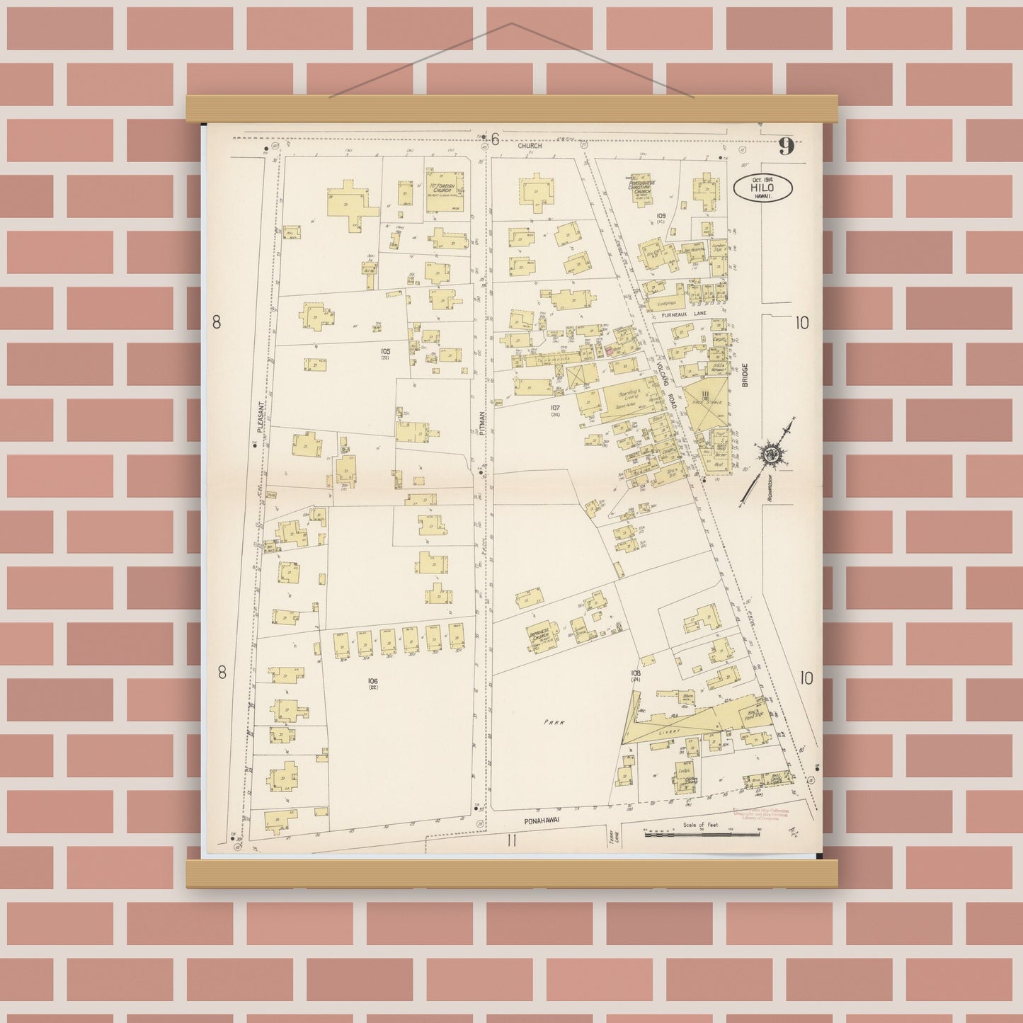 Old map wall art mockup — magnetic wood frame on brick wall — Sanborn Fire Insurance Map from Hilo, Hawaii County, Hawaii (1914), Sheet #0009