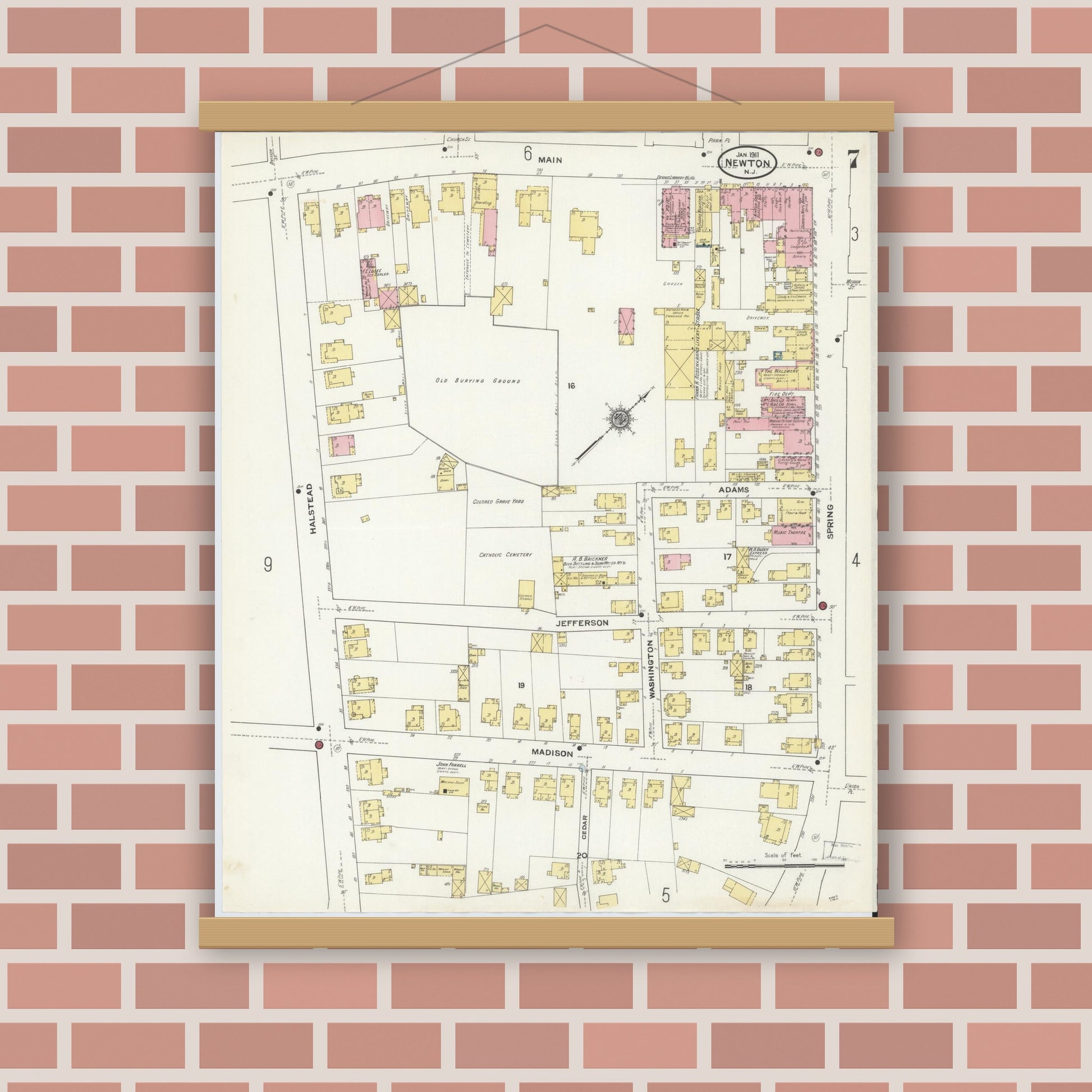 Old map wall art mockup — magnetic wood frame on brick wall — Sanborn Fire Insurance Map from Newton, Sussex County, New Jersey (1911), Sheet #0007