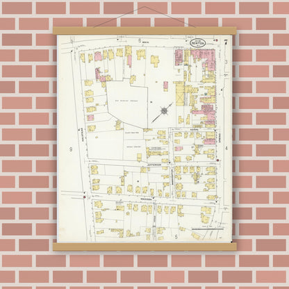 Old map wall art mockup — magnetic wood frame on brick wall — Sanborn Fire Insurance Map from Newton, Sussex County, New Jersey (1911), Sheet #0007