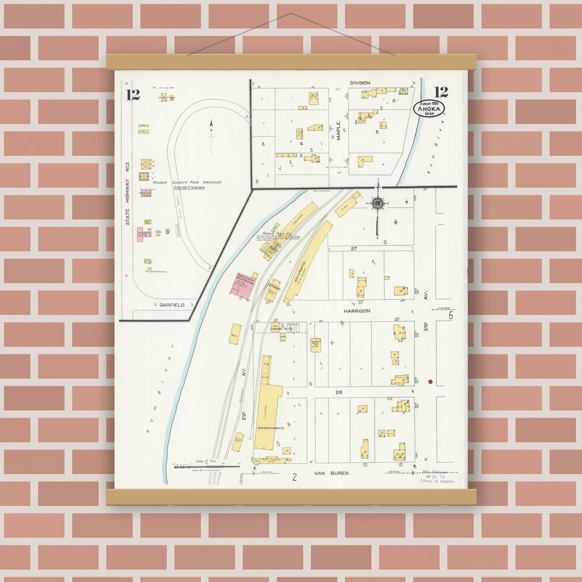 Old map wall art mockup — magnetic wood frame on brick wall — Sanborn Fire Insurance Map from Anoka, Anoka County, Minnesota (1925), Sheet #0012