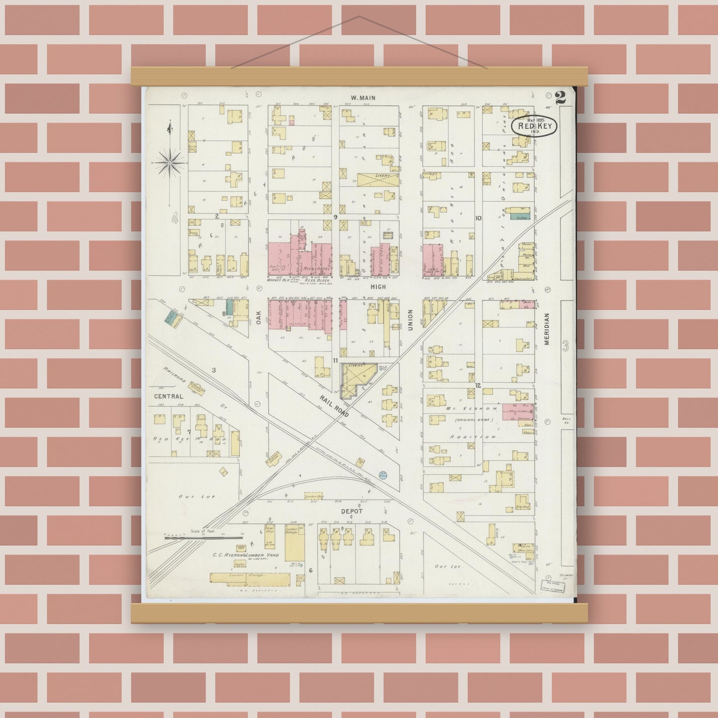 Old map wall art mockup — magnetic wood frame on brick wall — Sanborn Fire Insurance Map from Redkey, Jay County, Indiana (1895), Sheet #0002
