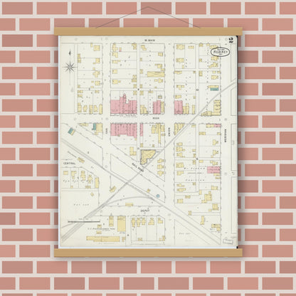 Old map wall art mockup — magnetic wood frame on brick wall — Sanborn Fire Insurance Map from Redkey, Jay County, Indiana (1895), Sheet #0002
