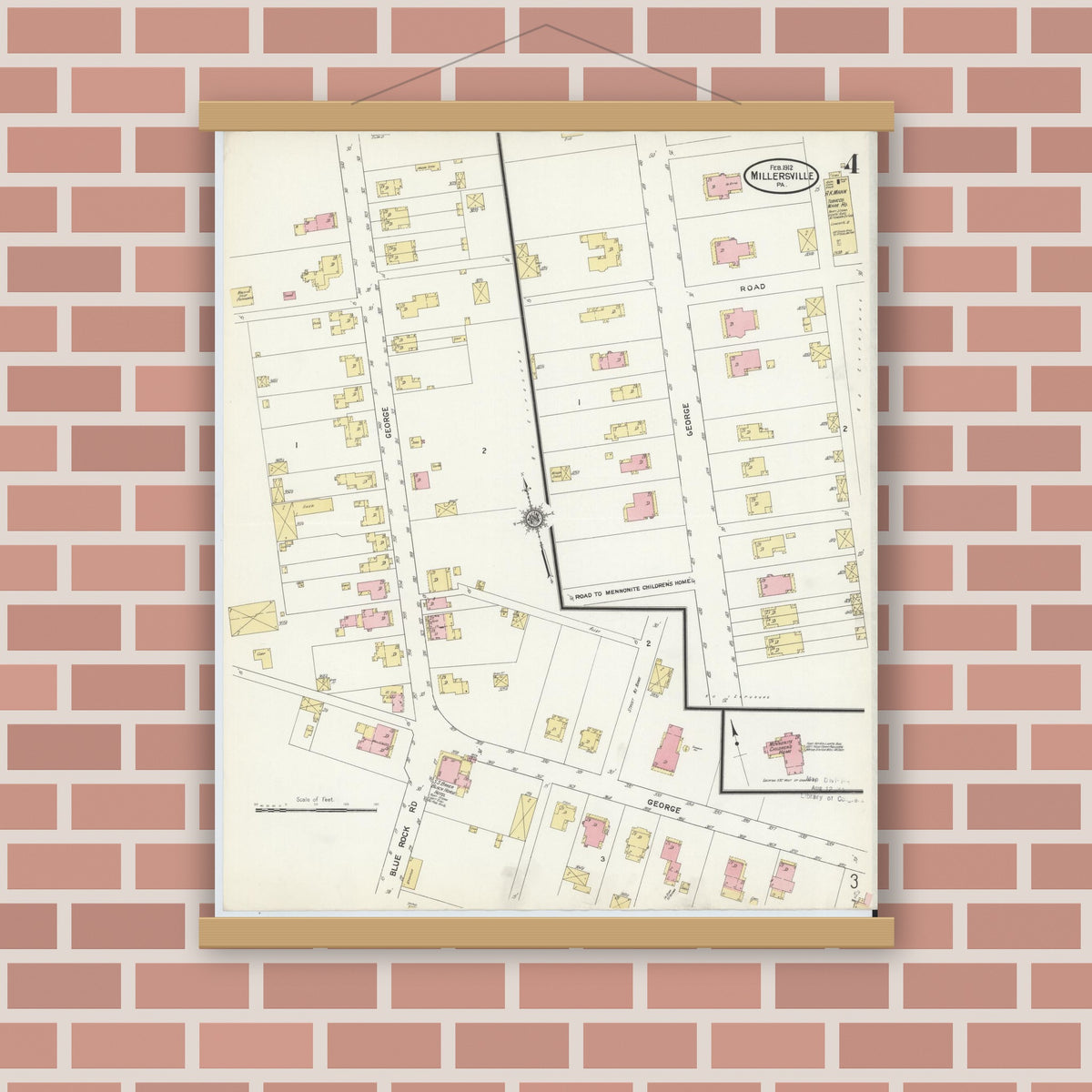 Old map wall art mockup — magnetic wood frame on brick wall — Sanborn Fire Insurance Map from Millersville, Lancaster County, Pennsylvania (1912), Sheet #0004