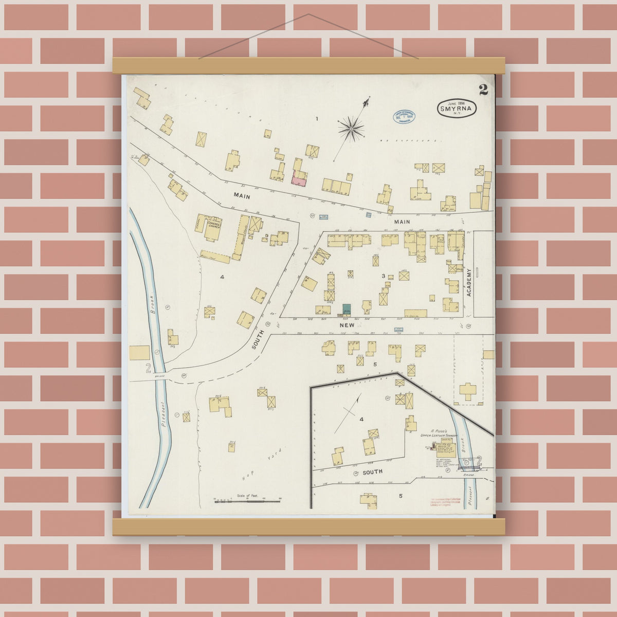 Old map wall art mockup — magnetic wood frame on brick wall — Sanborn Fire Insurance Map from Smyrna, Chenango County, New York (1894), Sheet #0002