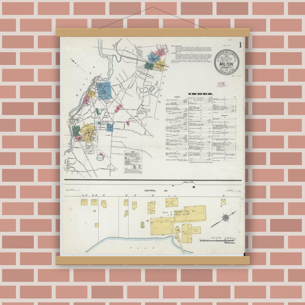 Old map wall art mockup — magnetic wood frame on brick wall — Sanborn Fire Insurance Map from Milton, Norfolk County, Massachusetts (1911) - Complete Map Set