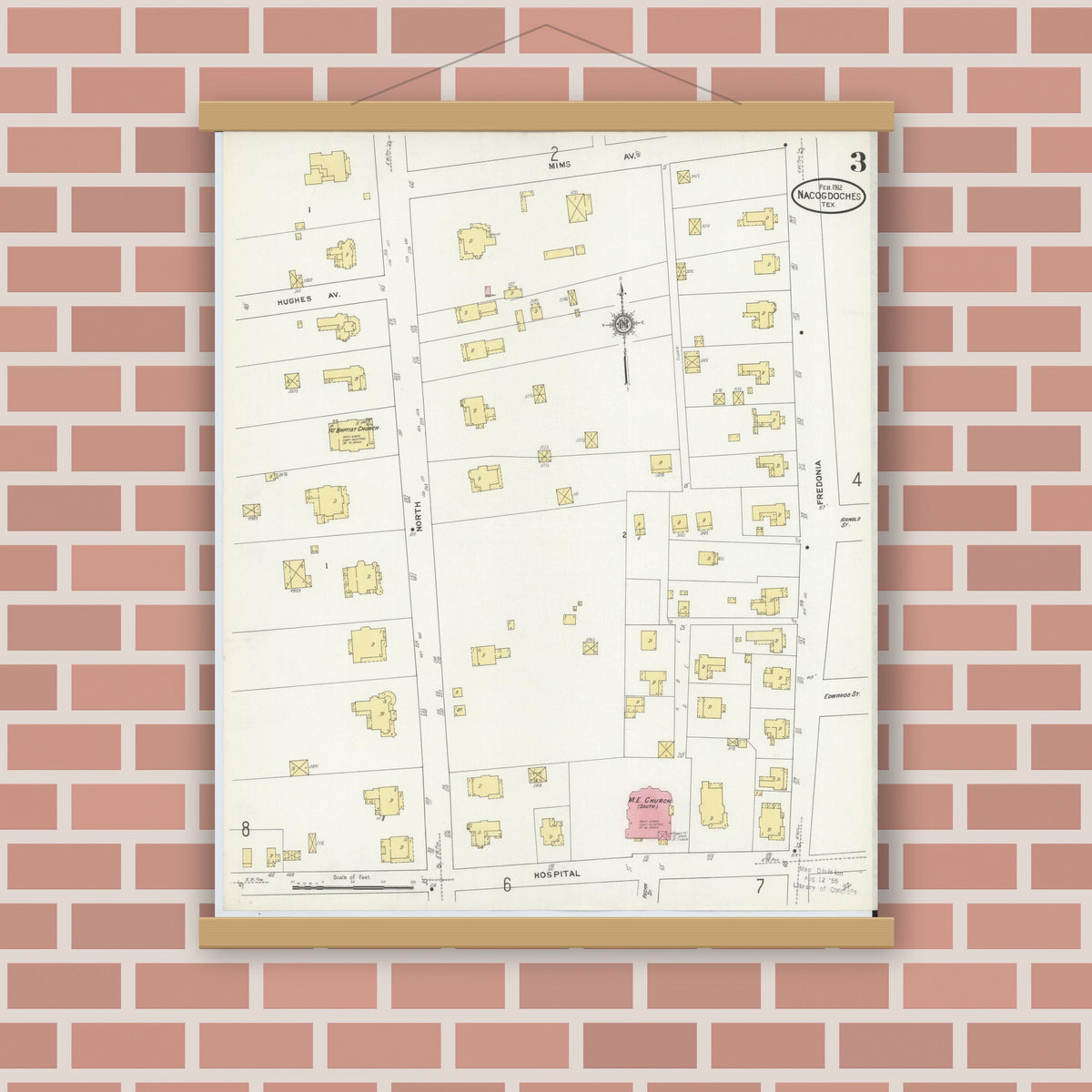 Old map wall art mockup — magnetic wood frame on brick wall — Sanborn Fire Insurance Map from Nacogdoches, Nacogdoches County, Texas (1912), Sheet #0003