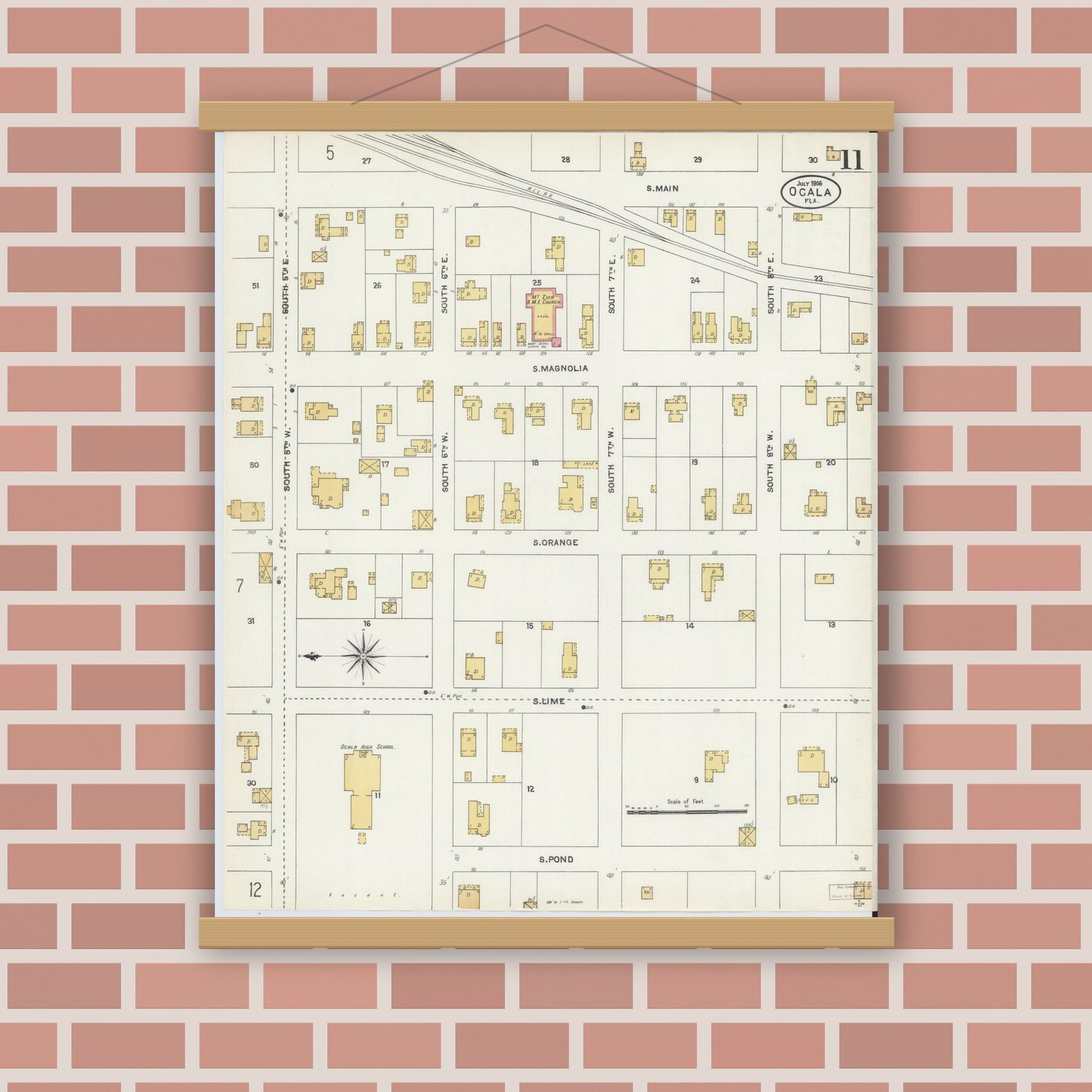 Old map wall art mockup — magnetic wood frame on brick wall — Sanborn Fire Insurance Map from Ocala, Marion County, Florida (1906), Sheet #0011