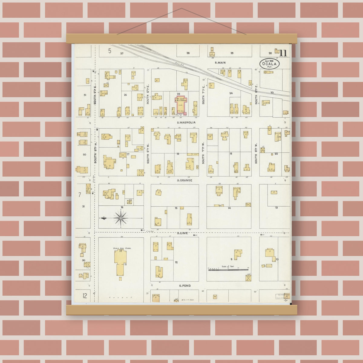 Old map wall art mockup — magnetic wood frame on brick wall — Sanborn Fire Insurance Map from Ocala, Marion County, Florida (1906), Sheet #0011