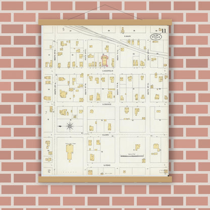 Old map wall art mockup — magnetic wood frame on brick wall — Sanborn Fire Insurance Map from Ocala, Marion County, Florida (1906), Sheet #0011