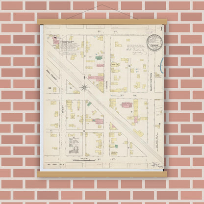 Old map wall art mockup — magnetic wood frame on brick wall — Sanborn Fire Insurance Map from Genoa, Ottawa County, Ohio (1885) - Complete Map Set