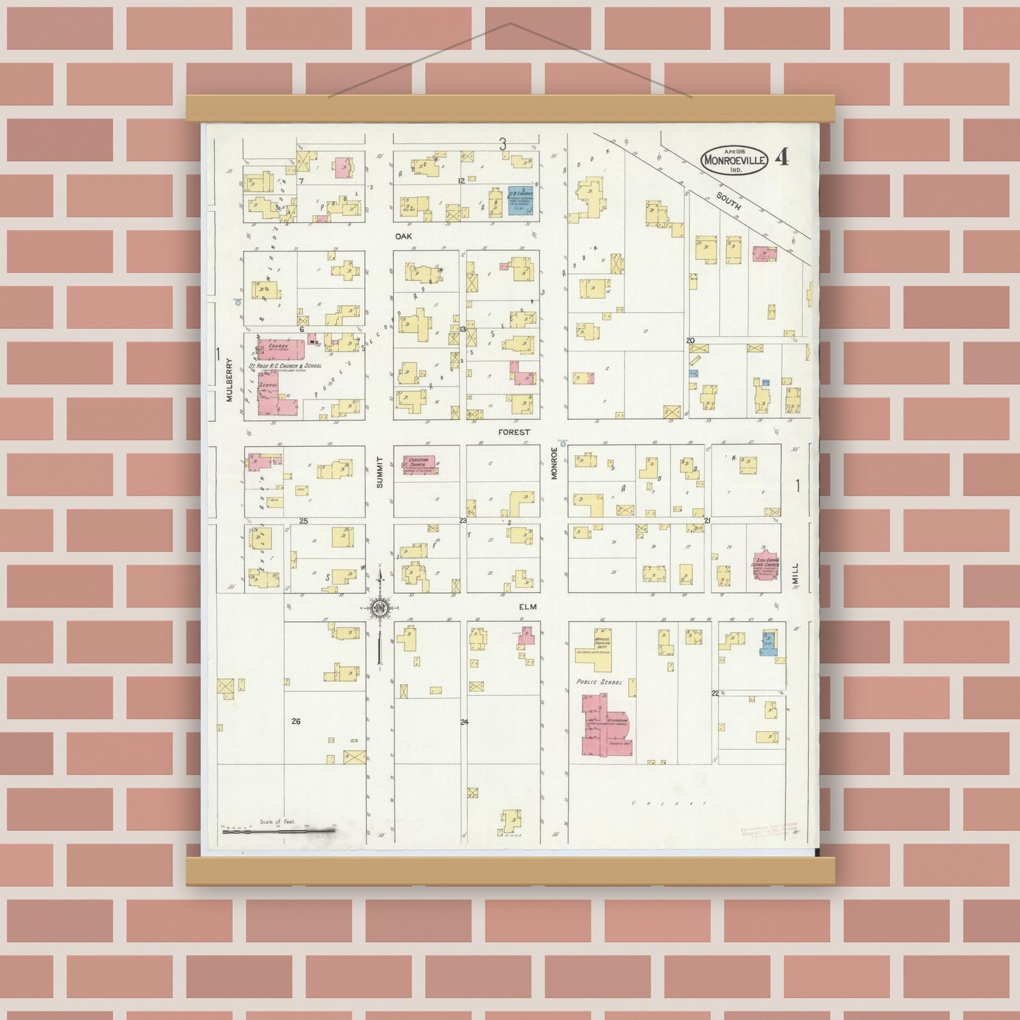 Old map wall art mockup — magnetic wood frame on brick wall — Sanborn Fire Insurance Map from Monroeville, Allen County, Indiana (1916), Sheet #0004