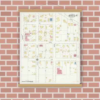 Old map wall art mockup — magnetic wood frame on brick wall — Sanborn Fire Insurance Map from Monroeville, Allen County, Indiana (1916), Sheet #0004