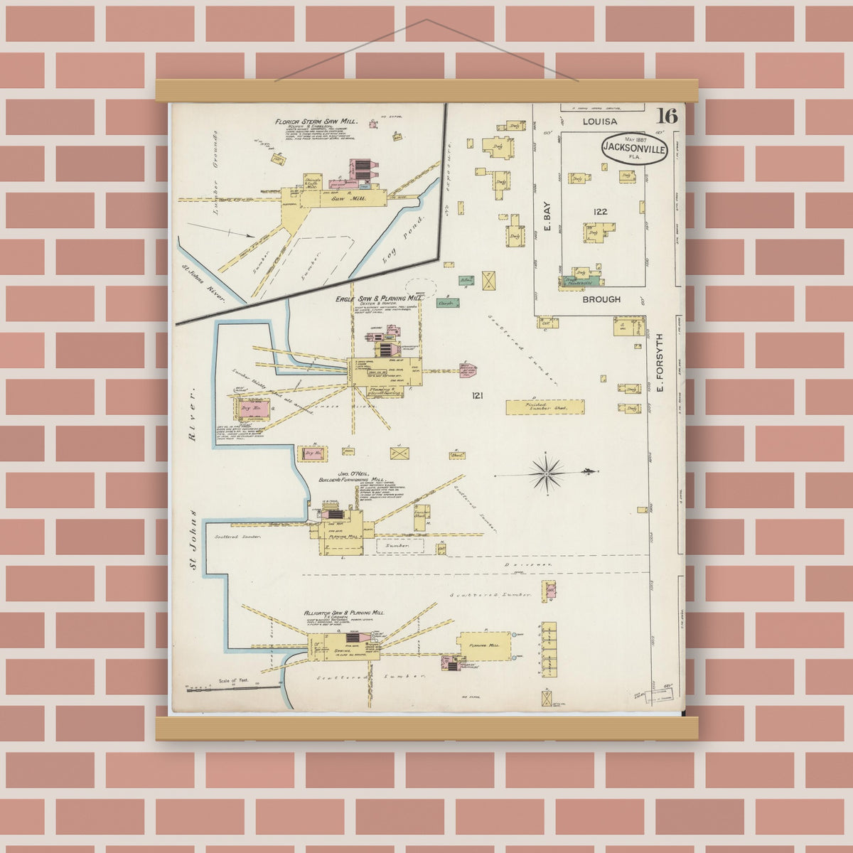 Old map wall art mockup — magnetic wood frame on brick wall — Sanborn Fire Insurance Map from Jacksonville, Duval County, Florida (1887), Sheet #0016