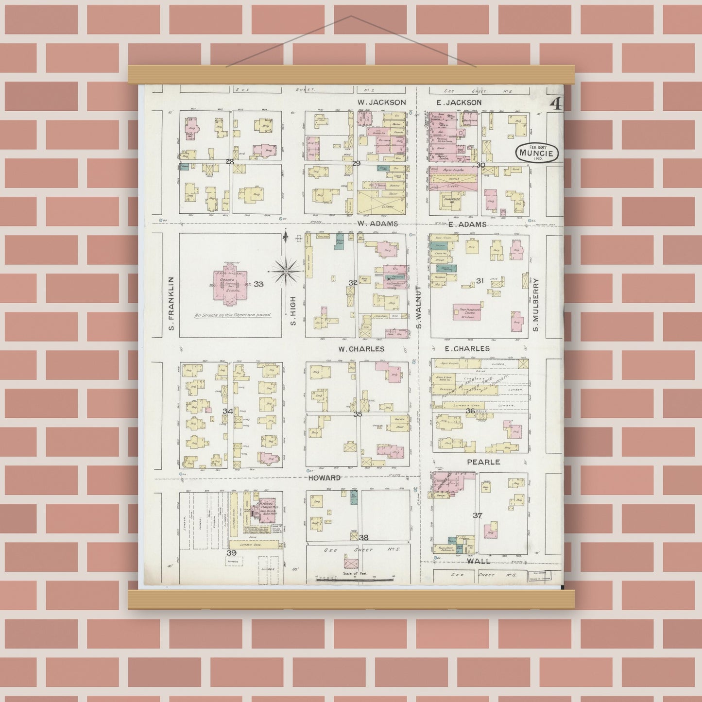 Old map wall art mockup — magnetic wood frame on brick wall — Sanborn Fire Insurance Map from Muncie, Delaware County, Indiana (1887), Sheet #0004