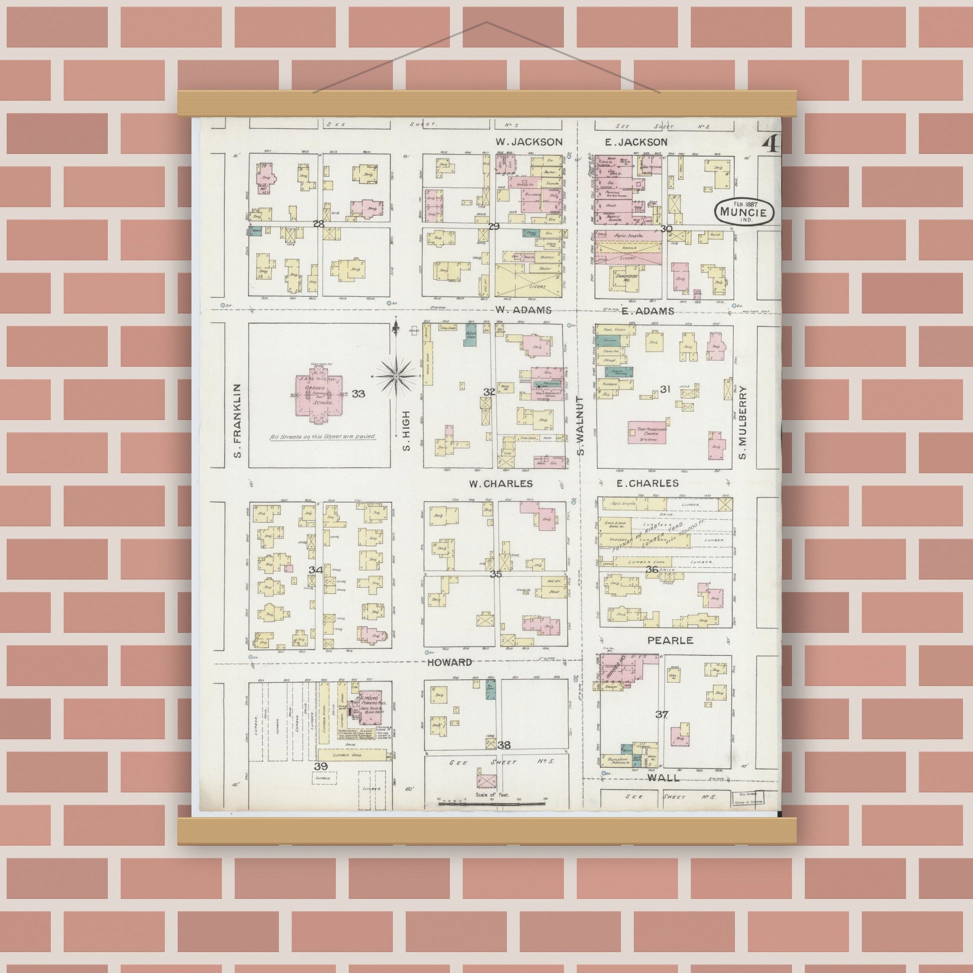 Old map wall art mockup — magnetic wood frame on brick wall — Sanborn Fire Insurance Map from Muncie, Delaware County, Indiana (1887), Sheet #0004